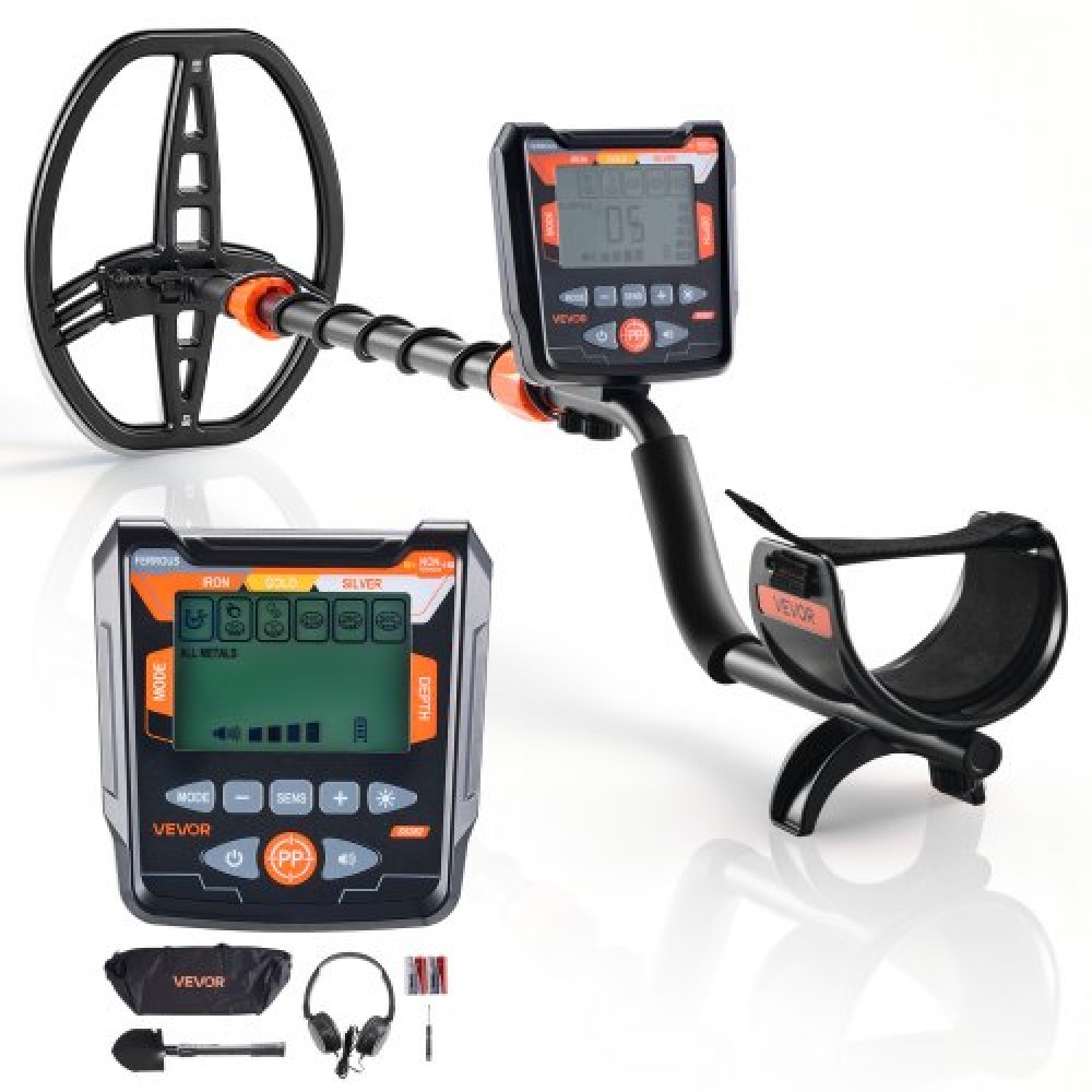 VEVOR Metal Detector for Adults, 254 mm, Professional High Accuracy Gold Detector, IP68 Waterproof Search Coil with Display, Headphones, 5 Modes, Adjustable Length, for Detecting Gold Treasure Hunting