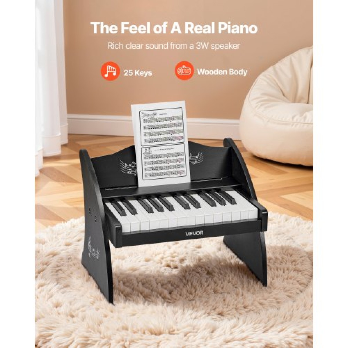 Πληκτρολόγιο VEVOR Kids Piano, Ξύλινο ψηφιακό πιάνο 25 πλήκτρων για παιδιά, Μίνι μουσικό εκπαιδευτικό όργανο παιχνίδι με ρεαλιστικό ήχο, διπλή ισχύς, ρυθμιζόμενη ένταση για νήπια, αγόρια κορίτσια εκμάθηση, μαύρο