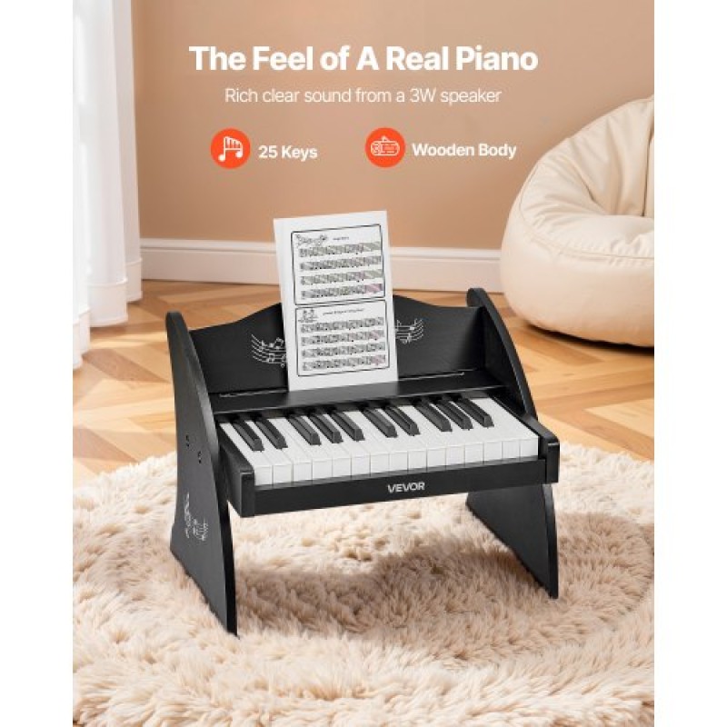 Πληκτρολόγιο VEVOR Kids Piano, Ξύλινο ψηφιακό πιάνο 25 πλήκτρων για παιδιά, Μίνι μουσικό εκπαιδευτικό όργανο παιχνίδι με ρεαλιστικό ήχο, διπλή ισχύς, ρυθμιζόμενη ένταση για νήπια, αγόρια κορίτσια εκμάθηση, μαύρο