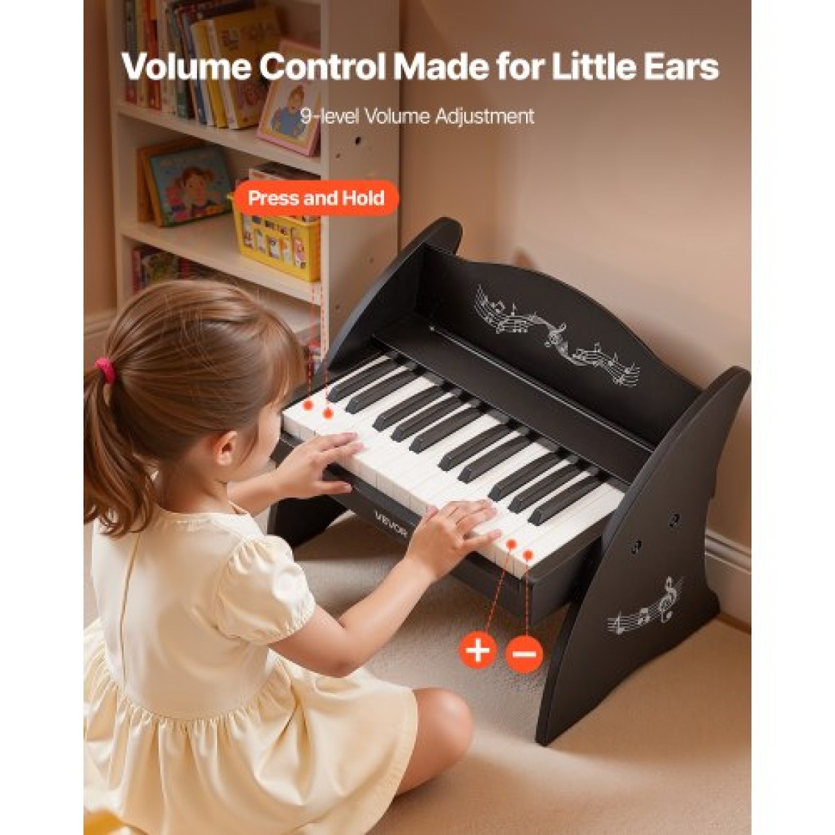 Πληκτρολόγιο VEVOR Kids Piano, Ξύλινο ψηφιακό πιάνο 25 πλήκτρων για παιδιά, Μίνι μουσικό εκπαιδευτικό όργανο παιχνίδι με ρεαλιστικό ήχο, διπλή ισχύς, ρυθμιζόμενη ένταση για νήπια, αγόρια κορίτσια εκμάθηση, μαύρο