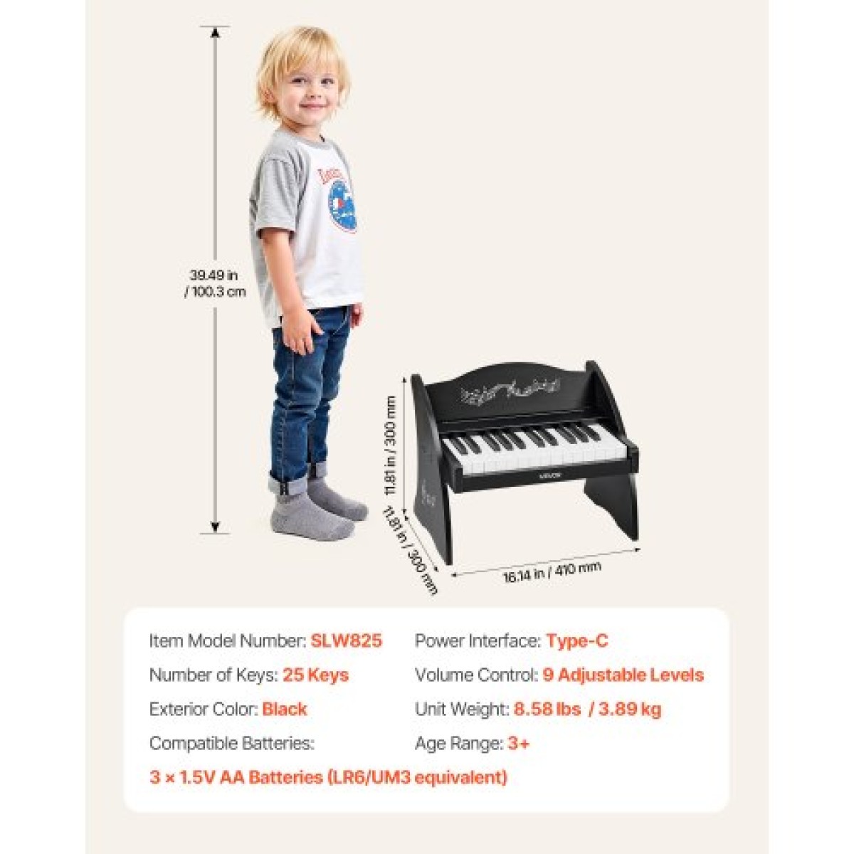 Πληκτρολόγιο VEVOR Kids Piano, Ξύλινο ψηφιακό πιάνο 25 πλήκτρων για παιδιά, Μίνι μουσικό εκπαιδευτικό όργανο παιχνίδι με ρεαλιστικό ήχο, διπλή ισχύς, ρυθμιζόμενη ένταση για νήπια, αγόρια κορίτσια εκμάθηση, μαύρο
