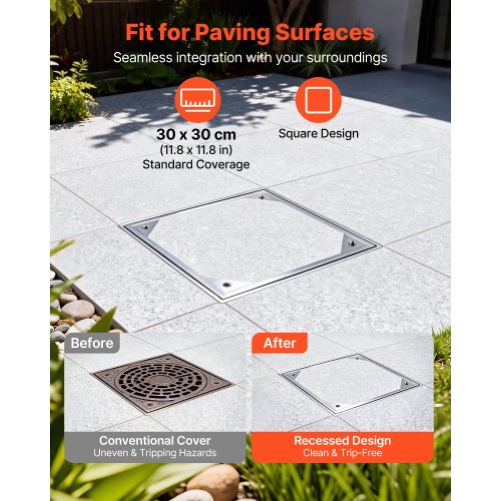 VEVOR Manhole Cover with Frame, 300 x 300mm Invisible Recessed Septic Tank Access Covers, Aluminum Alloy Embedded Drain Channel Inspection Cover for Pavements Gardens Patios