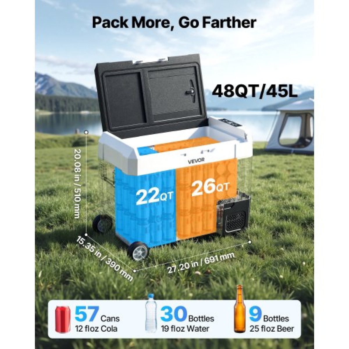 Ψυγείο αυτοκινήτου VEVOR, DC 12/24V AC100-240V Συμπιεστής Ηλεκτρικός ψύκτης, -20°C έως 20°C Ψυγείο φορτηγών με έλεγχο APP, τροχοί & διπλής ζώνης, Ψυγείο αυτοκινήτων 45L για RV, Σκάφη, Κάμπινγκ, Ψάρεμα