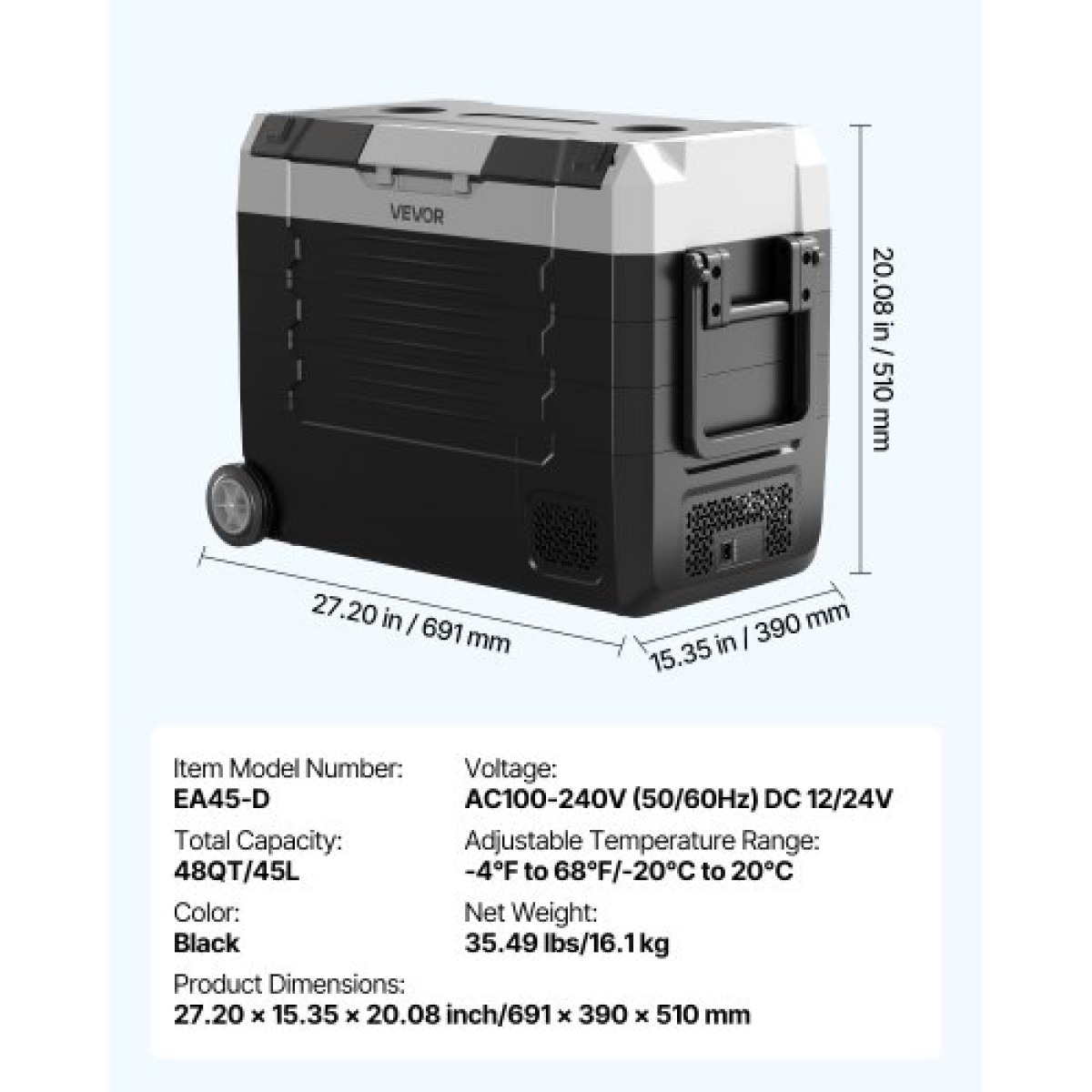 Ψυγείο αυτοκινήτου VEVOR, DC 12/24V AC100-240V Συμπιεστής Ηλεκτρικός ψύκτης, -20°C έως 20°C Ψυγείο φορτηγών με έλεγχο APP, τροχοί & διπλής ζώνης, Ψυγείο αυτοκινήτων 45L για RV, Σκάφη, Κάμπινγκ, Ψάρεμα