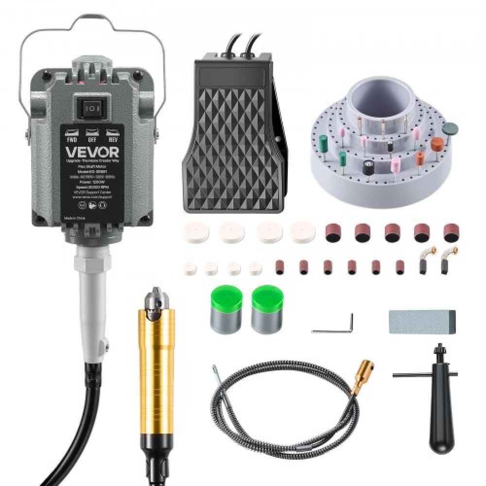 VEVOR Flex Shaft Grinder, 1200W 30000RPM Electric Flex Shaft Rotary Tool, Foot-pedal Control Hanging Carver Grinder with 112PCS Accessory Kit for Trinding Buffing Polishing Cotting