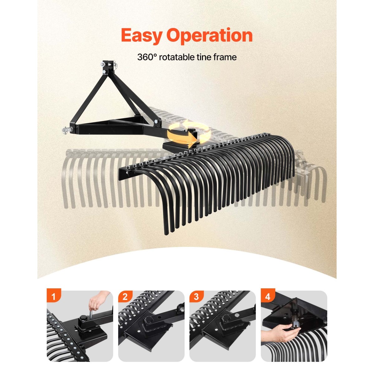 VEVOR Tow Behind Dethatcher, 1525mm Tow Dethatcher, 1525mm Tow Dethatcher with 32 Steel Tines, 3-Point Lawn Dethatcher Rake with Attachments for Tractor, Landscape Rake for Garden, Farm, Grass