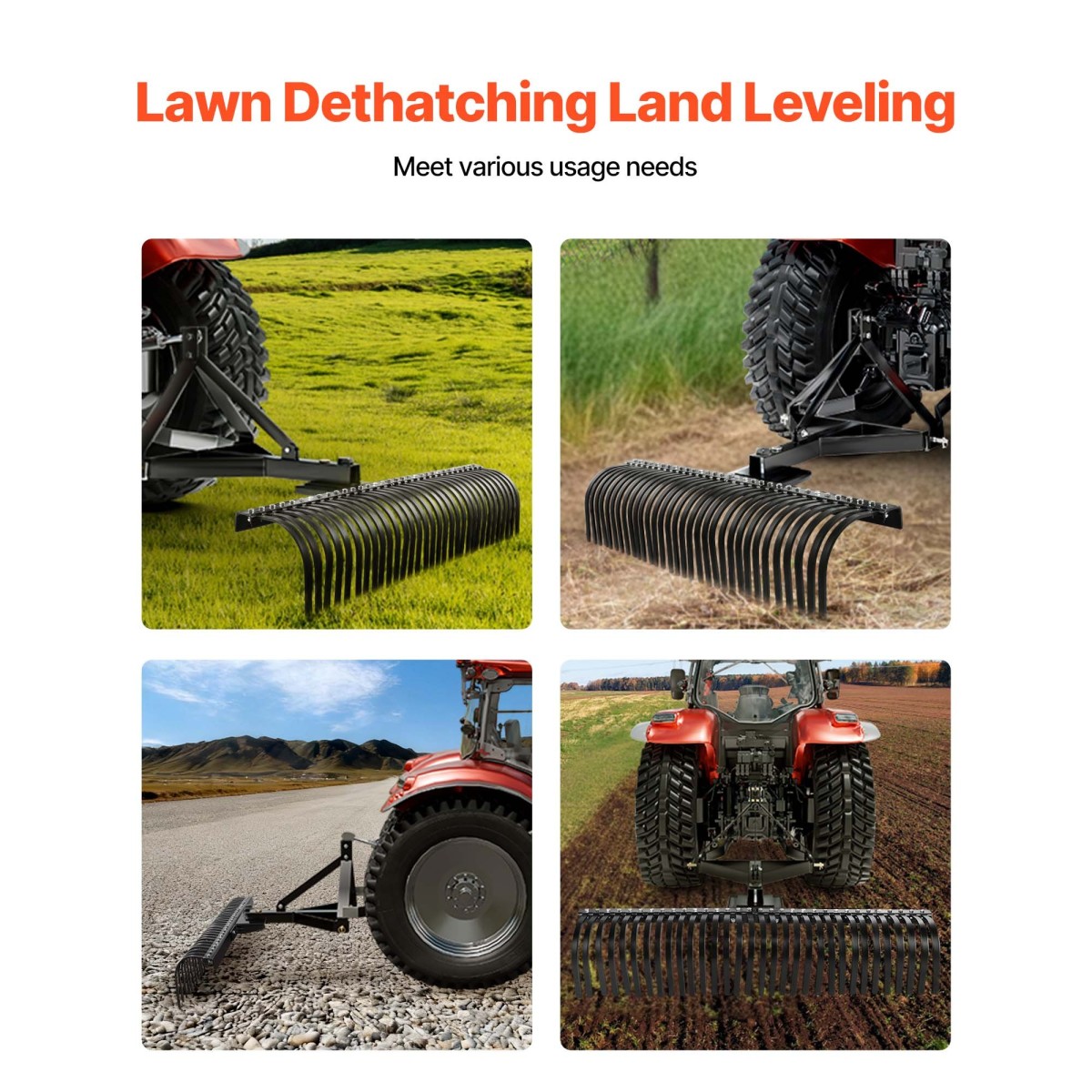 VEVOR Tow Behind Dethatcher, 1525mm Tow Dethatcher, 1525mm Tow Dethatcher with 32 Steel Tines, 3-Point Lawn Dethatcher Rake with Attachments for Tractor, Landscape Rake for Garden, Farm, Grass