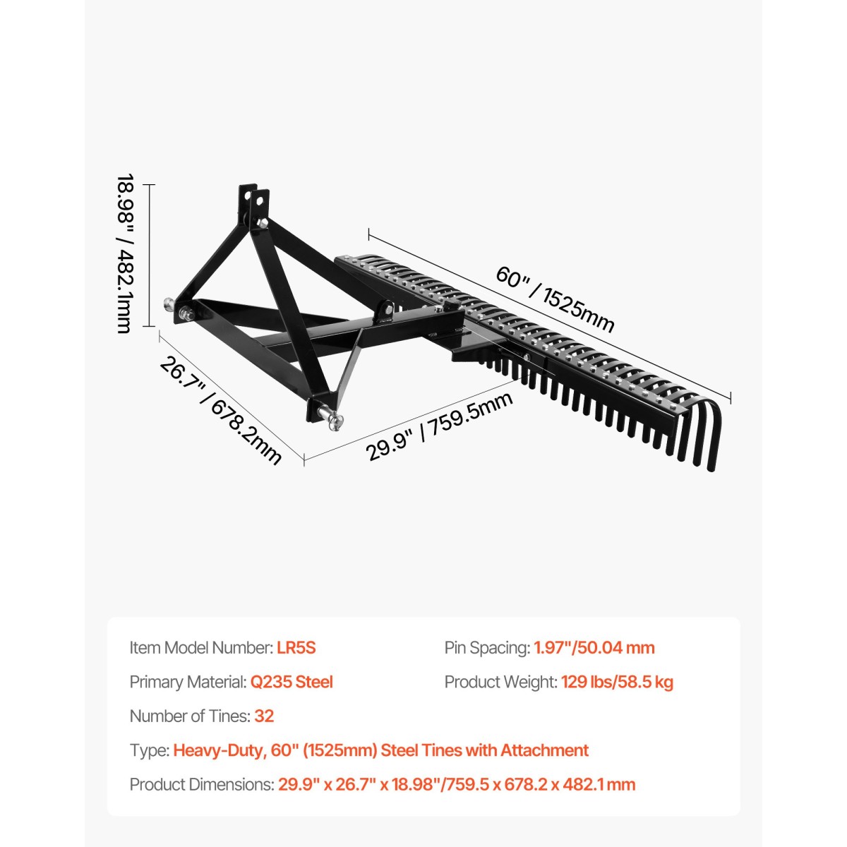 VEVOR Tow Behind Dethatcher, 1525mm Tow Dethatcher, 1525mm Tow Dethatcher with 32 Steel Tines, 3-Point Lawn Dethatcher Rake with Attachments for Tractor, Landscape Rake for Garden, Farm, Grass