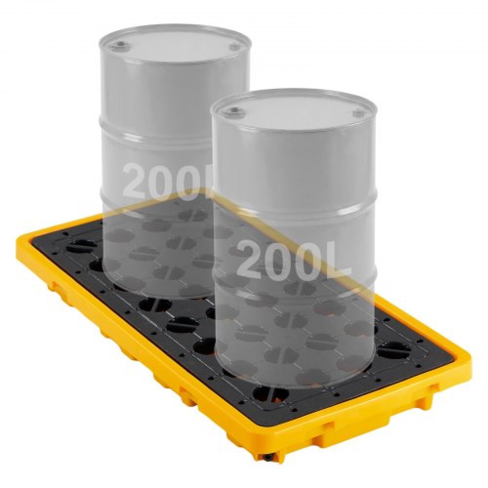 VEVOR Spill Containment Pallet, 2 Drum Low Profile Spell Containment Modular Platform, Χωρητικότητα κάρτερ 79,5 L, χωρητικότητα 2000 kg, Δίσκος πολυαιθυλενίου βαρέως τύπου με αποστράγγιση, 1316 x 680 x 150 mm, κίτρινο