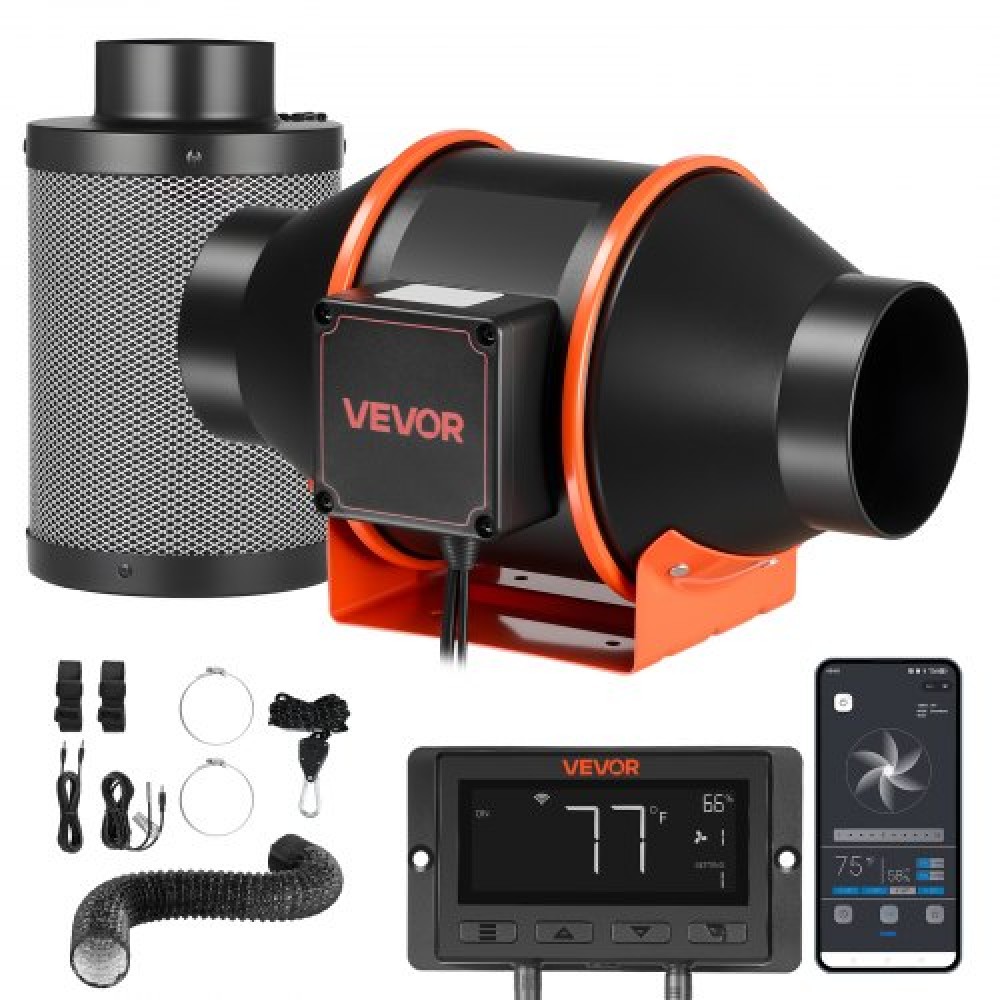 VEVOR Inline Duct Fan Kit Filter Carbon, 349 m³/h 101,6 mm EC ανεμιστήρας εξάτμισης κινητήρα με 10 ταχύτητες, ελεγκτής PWM, Έλεγχος εφαρμογής, χρονοδιακόπτης, Cooling for Grow Tent, Indoor Gardening, Hydroponics