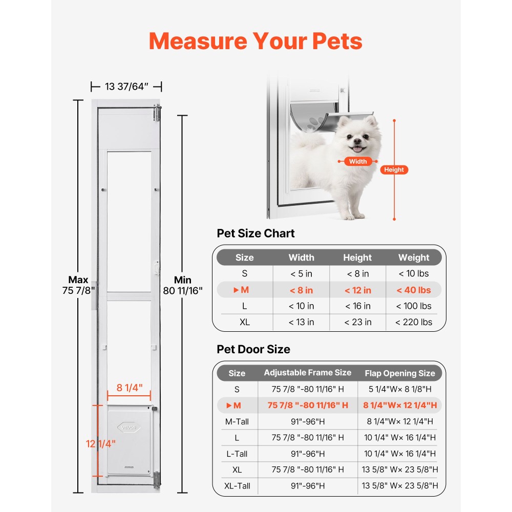 VEVOR Dog Dog Poor for Sliding Glass Door, 1927 mm έως 2049 mm Ρυθμιζόμενο ύψος, Πλαίσιο από κράμα αλουμινίου με πτερύγιο, σχέδιο κλειδαριάς, για μεσαίου μεγέθους σκύλους, συρόμενες γυάλινες πόρτες κατοικίδιων ζώων 180° για ενοικιαστές