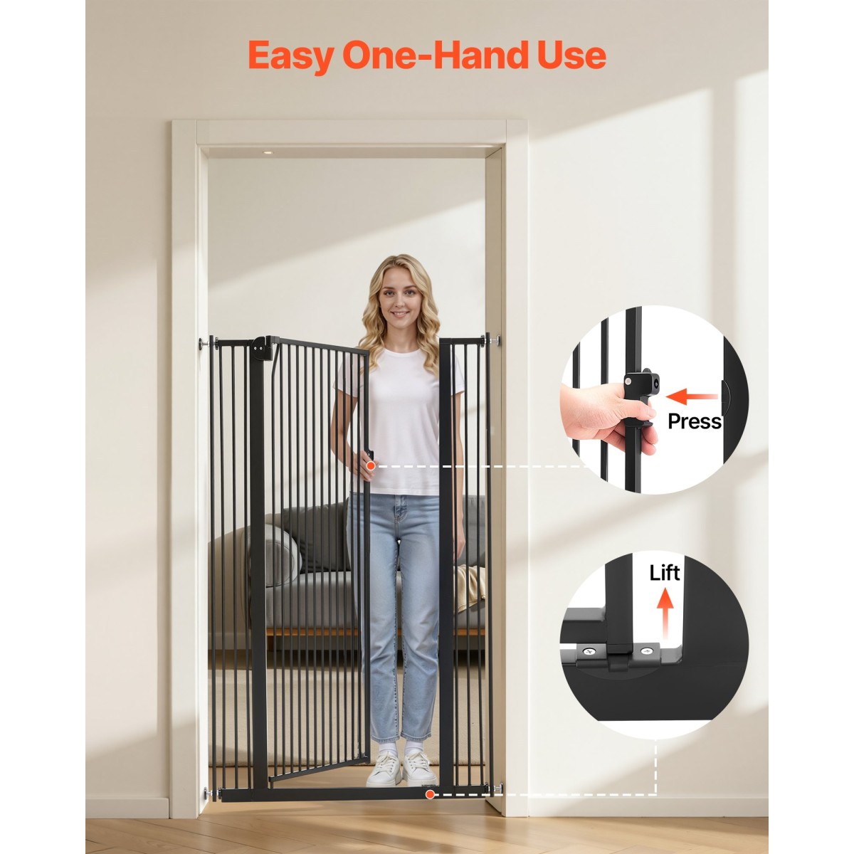 VEVOR Extra Tall Pet Gate για γάτες, 740-1050 mm Ρυθμιζόμενο πλάτος, 1420 mm High Dog Gate, με κιτ τοποθέτησης πίεσης και κιτ τοποθέτησης στον τοίχο, στενό διάκενο 33 mm, για σκάλες, πόρτες και σπίτι, μαύρο