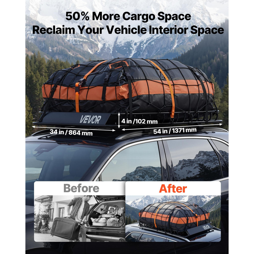 Καλάθι φορτίου VEVOR Roof Rack, 1371 x 864 x 102 mm, βαρέως τύπου καλάθι μεταφοράς οροφής με αδιάβροχη τσάντα, δίχτυ φορτίου, ιμάντες καστάνιας, χωρητικότητα 90,72 kg, Universal θήκη αποσκευών αυτοκινήτου, για φορτηγό SUV