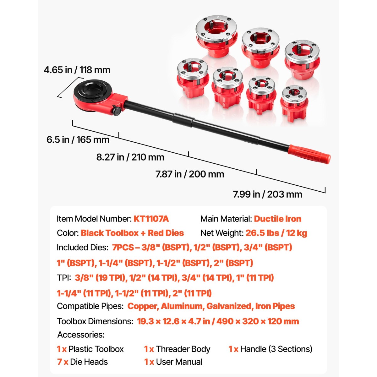 VEVOR Ratchet Pipe Threader Kit with 7 Die, 3/8" BSPT to 2" BSPT Manual Ratcheting Pipe Threading Tool, Portable Pipes Threader set with Toolbox for Plumbing Installation & Repair