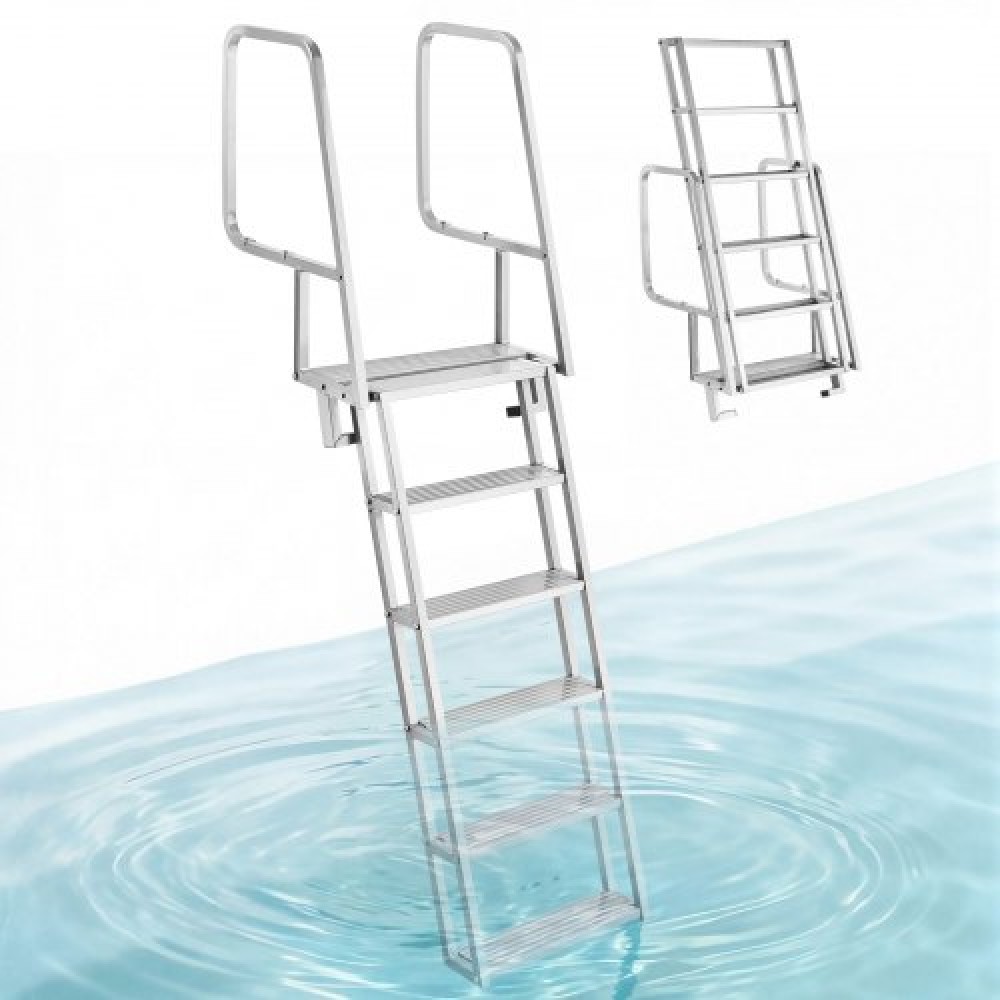 Σκάλα VEVOR Flip-Up Dock Ladder, 6 βημάτων, βαρέως τύπου κράμα αλουμινίου Pontoon Boat Swim Ladder, με αντιολισθητικά φαρδιά σκαλοπάτια, χωρητικότητα βάρους 159 kg, υποβοήθηση σχοινιού έλξης, άνετη χρήση για θαλάσσια επιβίβαση στη λίμνη