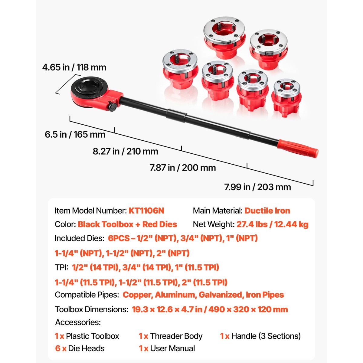 VEVOR Ratchet Pipe Threader Kit with 6 Die, 1/2" NPT to 2" NPT Manual Ratcheting Pipe Threading Tool, Portable Pipes Threader set with Toolbox for Plumbing Installation & Repair