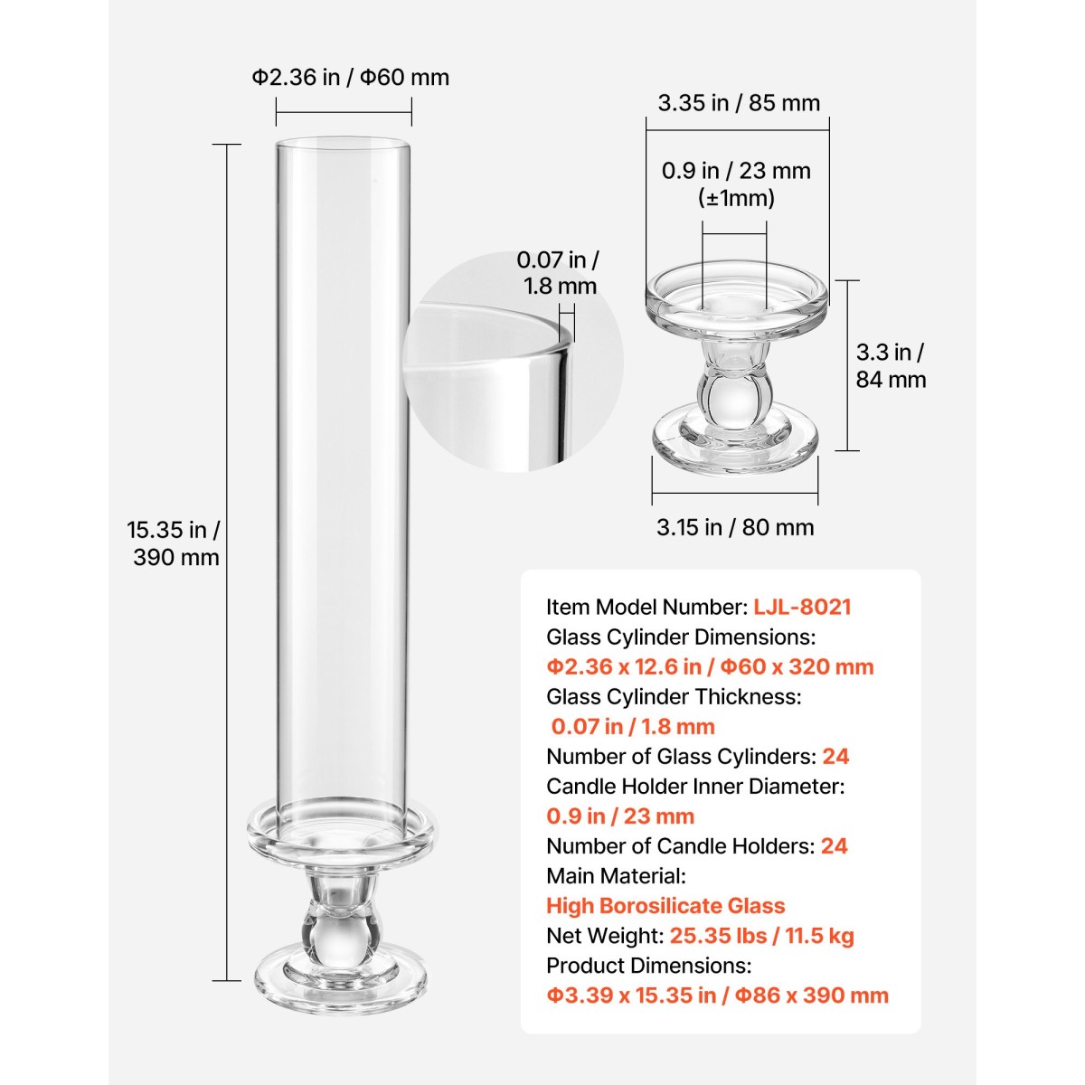 Κηροπήγια VEVOR Hurricane Σετ Κηροπήγια 24, 320 mm Tall Clear Glass Taper, Υψηλό βοριοπυριτικό γυαλί, 2,36 in κύλινδρος για γάμο, κεντρικό τραπέζι, πάρτι, διακόσμηση σπιτιού, προστασία από τον αέρα
