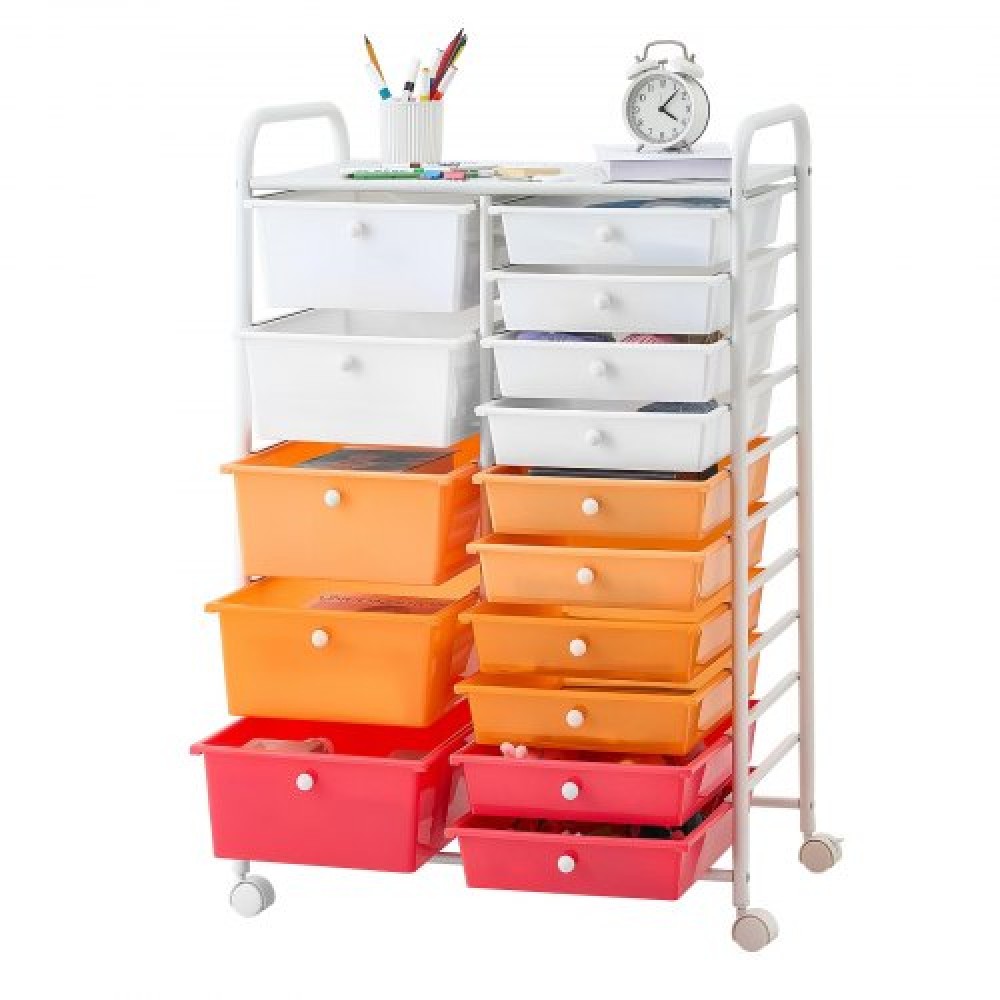 VEVOR Rolling Cart with συρτάρια, Double Row 15 Drawer Storage Organizer, Mobile Utility Cart, Steel Frame, Universal Casters & 2 Brakes, for Office, Classroom, Craft Room, Studio, Garage, Gradient Red