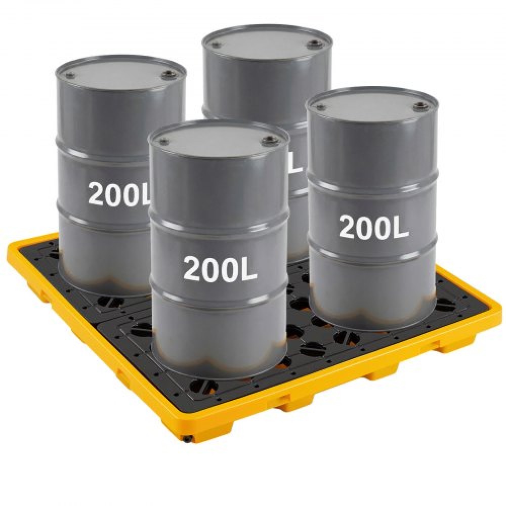 VEVOR Spill Containment Pallet, Modular Platform Containment Containment 4 Drum Low Profile, Χωρητικότητα κάρτερ 117,4 L, χωρητικότητα 4000 kg, Δίσκος πολυαιθυλενίου βαρέως τύπου με αποστράγγιση, 1305x1280x150 mm, κίτρινο