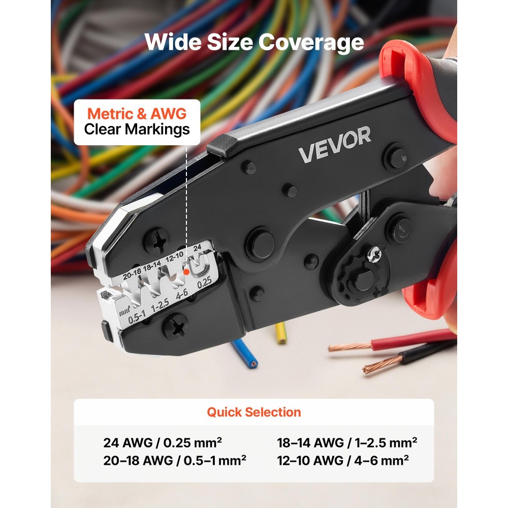 Εργαλείο πτύχωσης VEVOR, 0,25-6 mm² Εργαλείο σύσφιξης με καστάνια, Πένσα πτύχωσης ηλεκτρικού ακροδέκτη που εξοικονομεί εργασία με καθαρά μετρικά σημάδια & AWG, γρήγορη απελευθέρωση, ρυθμιζόμενη πίεση για πολλαπλούς ακροδέκτες