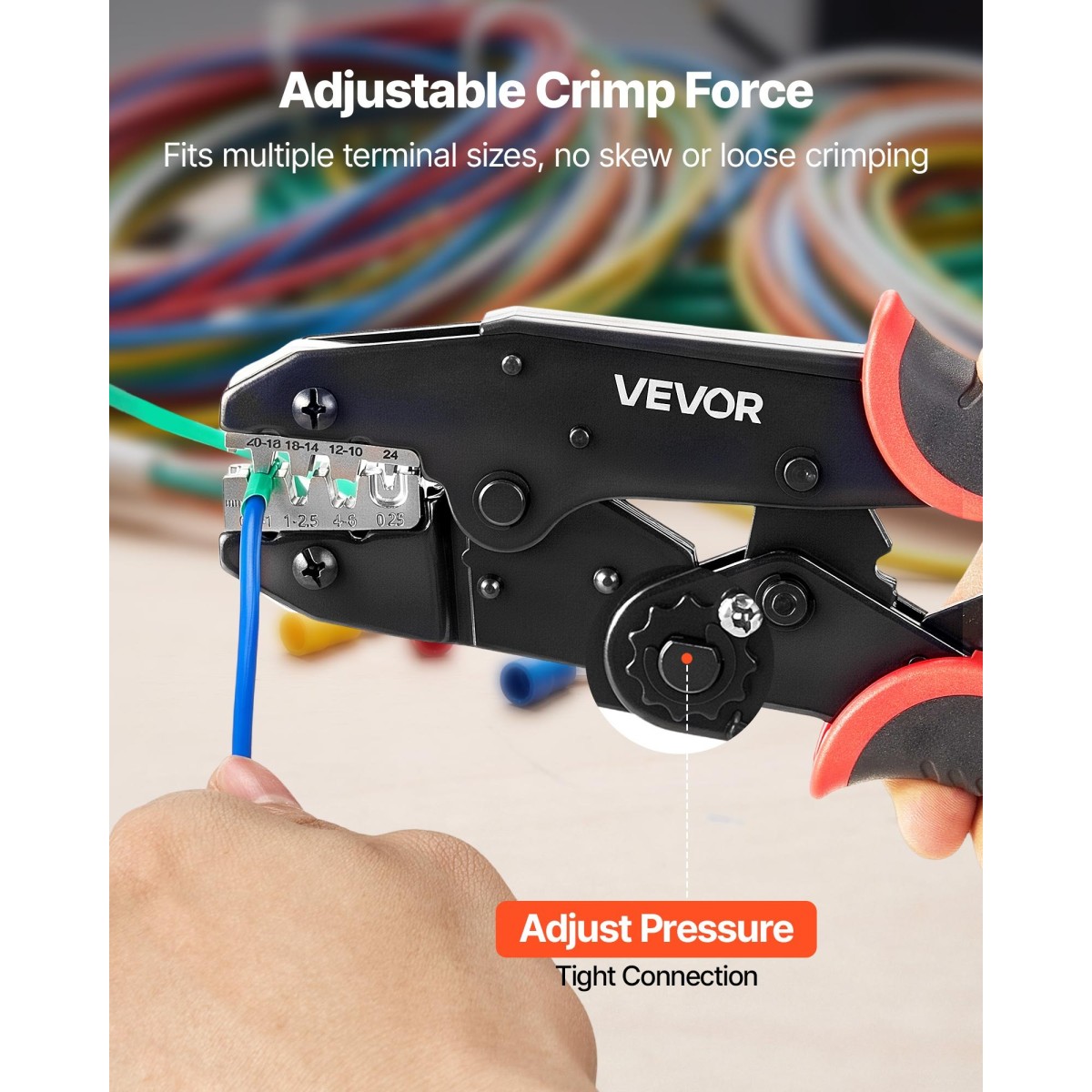 Εργαλείο πτύχωσης VEVOR, 0,25-6 mm² Εργαλείο σύσφιξης με καστάνια, Πένσα πτύχωσης ηλεκτρικού ακροδέκτη που εξοικονομεί εργασία με καθαρά μετρικά σημάδια & AWG, γρήγορη απελευθέρωση, ρυθμιζόμενη πίεση για πολλαπλούς ακροδέκτες