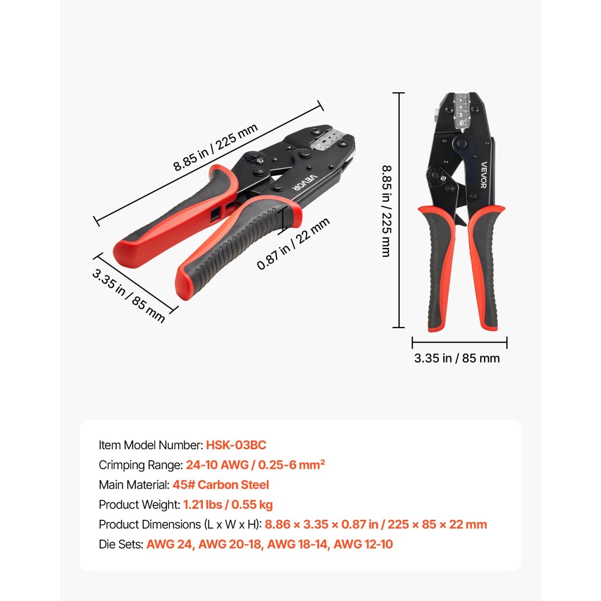 Εργαλείο πτύχωσης VEVOR, 0,25-6 mm² Εργαλείο σύσφιξης με καστάνια, Πένσα πτύχωσης ηλεκτρικού ακροδέκτη που εξοικονομεί εργασία με καθαρά μετρικά σημάδια & AWG, γρήγορη απελευθέρωση, ρυθμιζόμενη πίεση για πολλαπλούς ακροδέκτες