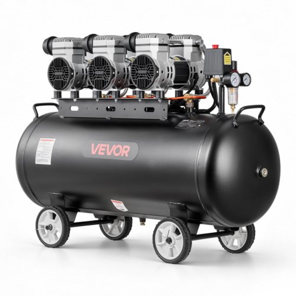 Αεροσυμπιεστής VEVOR 100L, Δεξαμενή αεροσυμπιεστή 3KW χωρίς λάδι, 198 L/min στα 6,2 Bar, Μέγιστη πίεση 8 Bar, Φορητό σε τροχούς για επισκευή αυτοκινήτου, Φούσκωμα ελαστικών, Βαφή με σπρέι, Καρφώματα ξυλουργικής