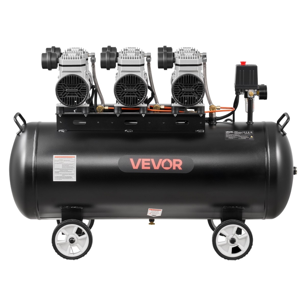 Αεροσυμπιεστής VEVOR 100L, Δεξαμενή αεροσυμπιεστή 3KW χωρίς λάδι, 198 L/min στα 6,2 Bar, Μέγιστη πίεση 8 Bar, Φορητό σε τροχούς για επισκευή αυτοκινήτου, Φούσκωμα ελαστικών, Βαφή με σπρέι, Καρφώματα ξυλουργικής