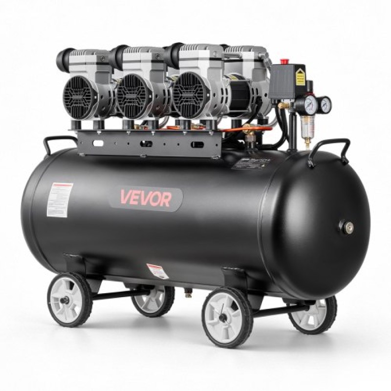 Αεροσυμπιεστής VEVOR 100L, Δεξαμενή αεροσυμπιεστή 3KW χωρίς λάδι, 198 L/min στα 6,2 Bar, Μέγιστη πίεση 8 Bar, Φορητό σε τροχούς για επισκευή αυτοκινήτου, Φούσκωμα ελαστικών, Βαφή με σπρέι, Καρφώματα ξυλουργικής