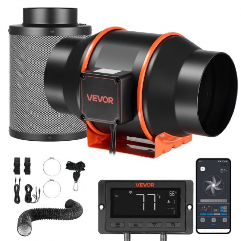 VEVOR Inline Duct Fan Kit Φίλτρο άνθρακα, 683 m³/h 152,4 mm EC ανεμιστήρας εξαερισμού κινητήρα με 10 ταχύτητες, ελεγκτής PWM, Έλεγχος εφαρμογής, χρονοδιακόπτης, ψύξη για σκηνή ανάπτυξης, εσωτερική κηπουρική, υδροπονία