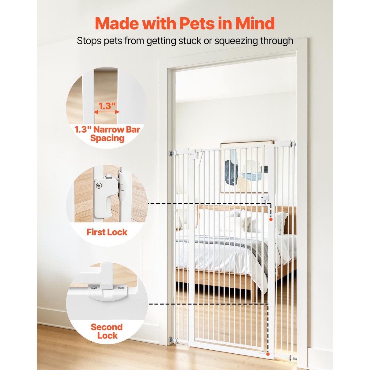 VEVOR Extra Tall Pet Gate για γάτες, 740-1050 mm Ρυθμιζόμενο πλάτος, 1420 mm High Dog Gate, με κιτ τοποθέτησης πίεσης και κιτ τοποθέτησης στον τοίχο, στενό διάκενο 33 mm, για σκάλες, πόρτες και σπίτι, λευκό