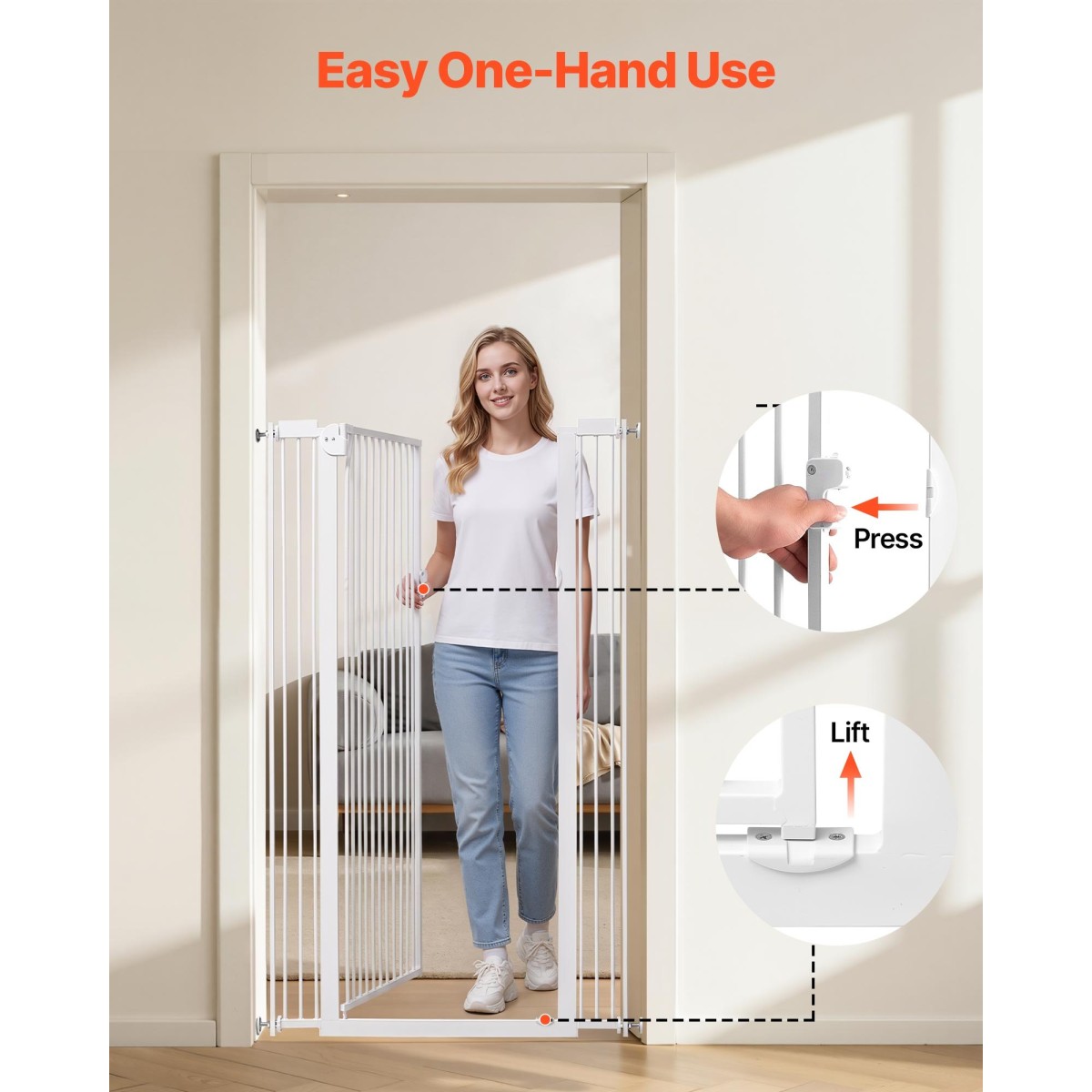 VEVOR Extra Tall Pet Gate για γάτες, 740-1050 mm Ρυθμιζόμενο πλάτος, 1420 mm High Dog Gate, με κιτ τοποθέτησης πίεσης και κιτ τοποθέτησης στον τοίχο, στενό διάκενο 33 mm, για σκάλες, πόρτες και σπίτι, λευκό