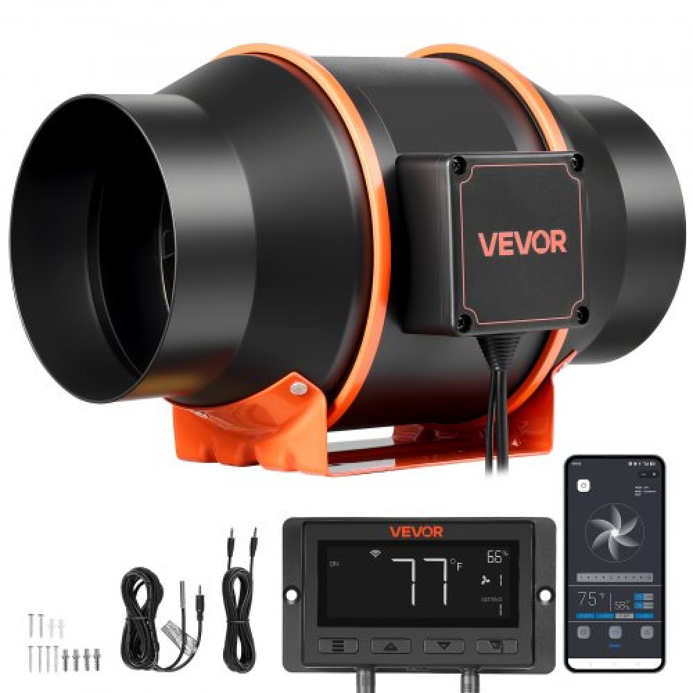 Ενσωματωμένος ανεμιστήρας VEVOR, 683 m³/h 152,4 mm EC ανεμιστήρας εξαερισμού κινητήρα με 10 ταχύτητες, ελεγκτής PWM, Έλεγχος εφαρμογής, Αισθητήρας υγρασίας θερμοκρασίας, Ψύξη για σκηνή ανάπτυξης, εσωτερική κηπουρική, υδροπονία