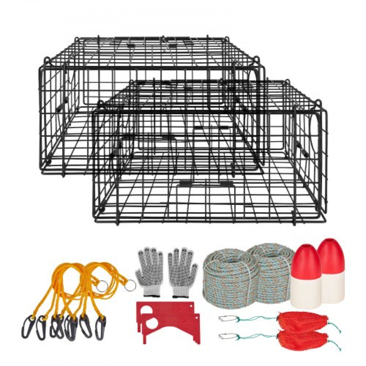 VEVOR Crab Trap, 2 πακέτα, 62 x 62 x 30 cm Μεγάλη παγίδα καβουριών βαρέως τύπου για Dungeness, μαύρο συρμάτινο πλέγμα με επικάλυψη PVC για stealth, με μετρητή, κόκκινο/λευκό φλοτέρ, 100 ft μολυβδούχο σχοινί και γάντια
