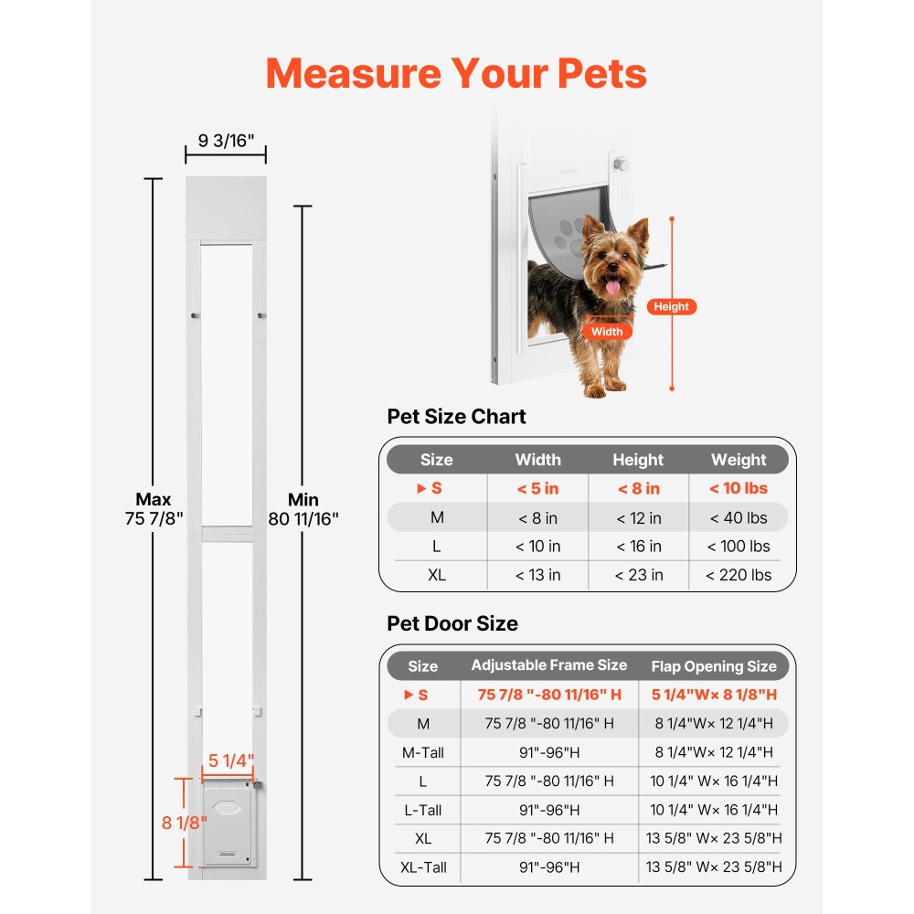 VEVOR Dog Dog Dog Dog Poor for Sliding Glass Door, 1927 mm έως 2049 mm Ρυθμιζόμενο ύψος, Σκελετός από κράμα αλουμινίου με πτερύγιο και περιστρεφόμενο μεντεσέ, σχέδιο κλειδαριάς, για σκύλους μικρού μεγέθους, συρόμενες γυάλινες πόρτες κατοικίδιων ζώων για ε