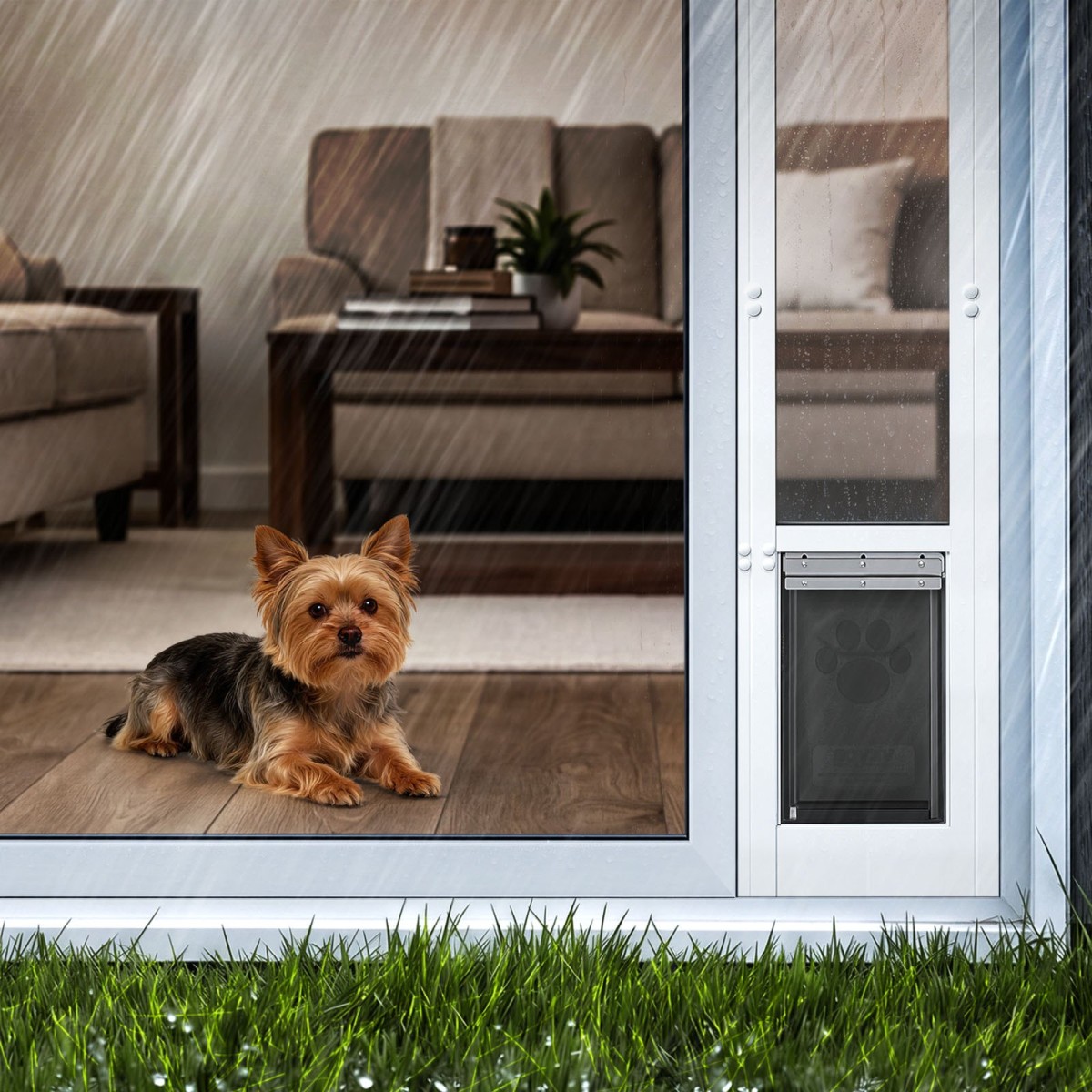 VEVOR Dog Dog Dog Dog Poor for Sliding Glass Door, 1927 mm έως 2049 mm Ρυθμιζόμενο ύψος, Σκελετός από κράμα αλουμινίου με πτερύγιο και περιστρεφόμενο μεντεσέ, σχέδιο κλειδαριάς, για σκύλους μικρού μεγέθους, συρόμενες γυάλινες πόρτες κατοικίδιων ζώων για ε