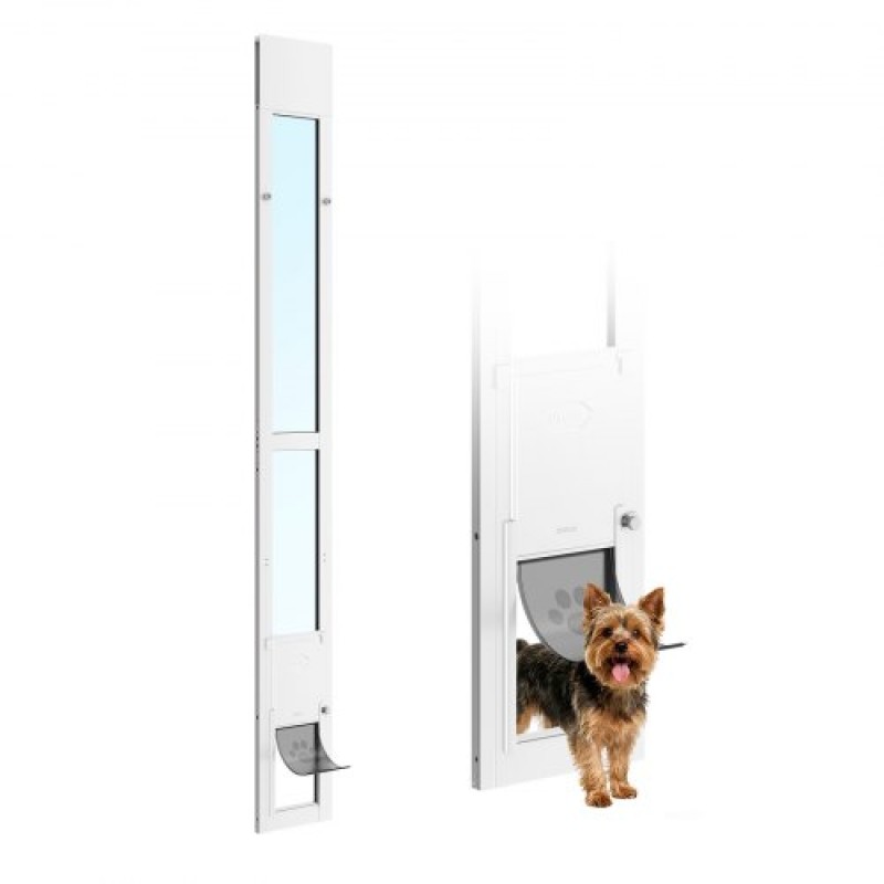 VEVOR Dog Dog Dog Dog Poor for Sliding Glass Door, 1927 mm έως 2049 mm Ρυθμιζόμενο ύψος, Σκελετός από κράμα αλουμινίου με πτερύγιο και περιστρεφόμενο μεντεσέ, σχέδιο κλειδαριάς, για σκύλους μικρού μεγέθους, συρόμενες γυάλινες πόρτες κατοικίδιων ζώων για ε