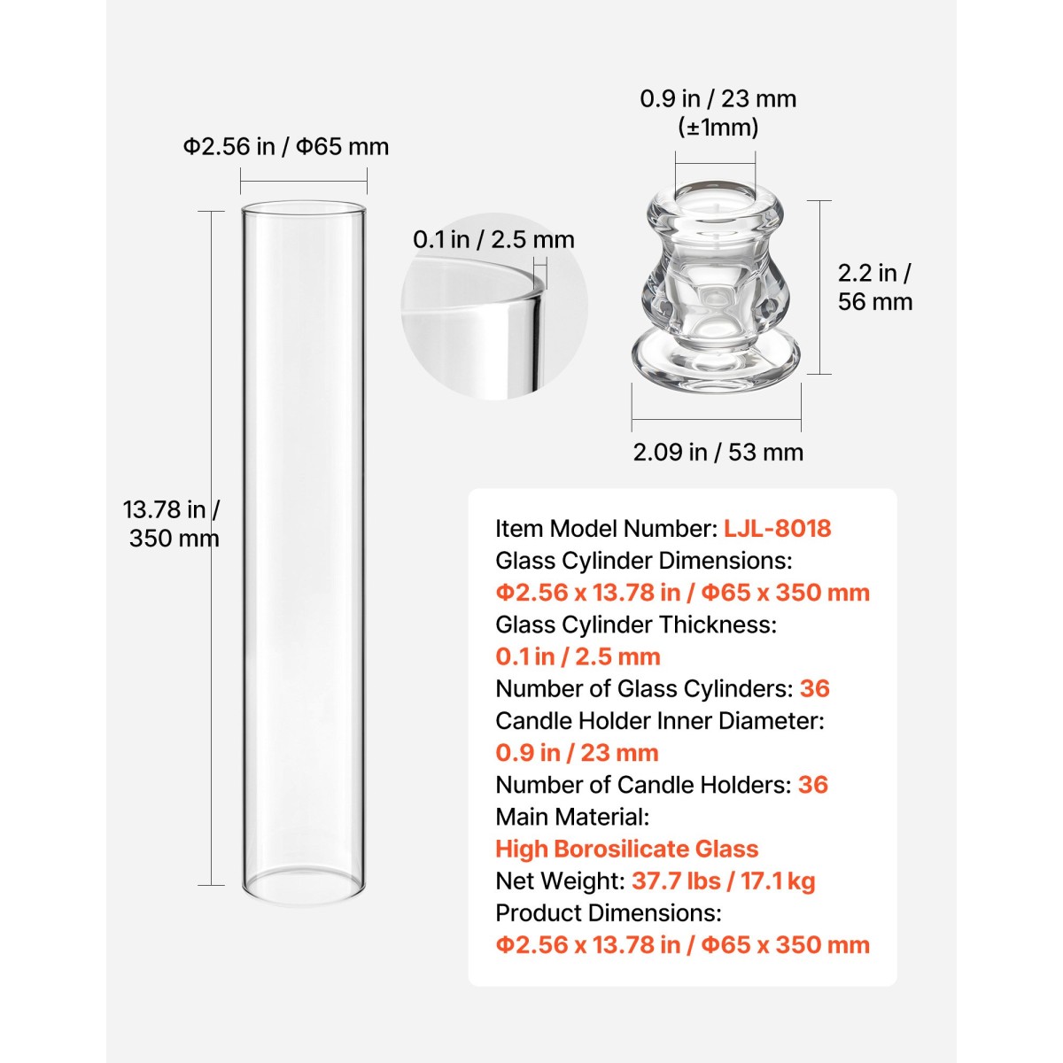 Κηροπήγια VEVOR Hurricane Σετ 36, Φ 65 x 350 χιλ. Ψηλός Clear Glass Κυλινδροθήκη Κηροπήγιο, Υψηλό Βοροπυριτικό Γυαλί, Αντιανεμική Προστασία για Γάμο, Τραπέζι Κεντρικό, Πάρτι, Διακόσμηση σπιτιού