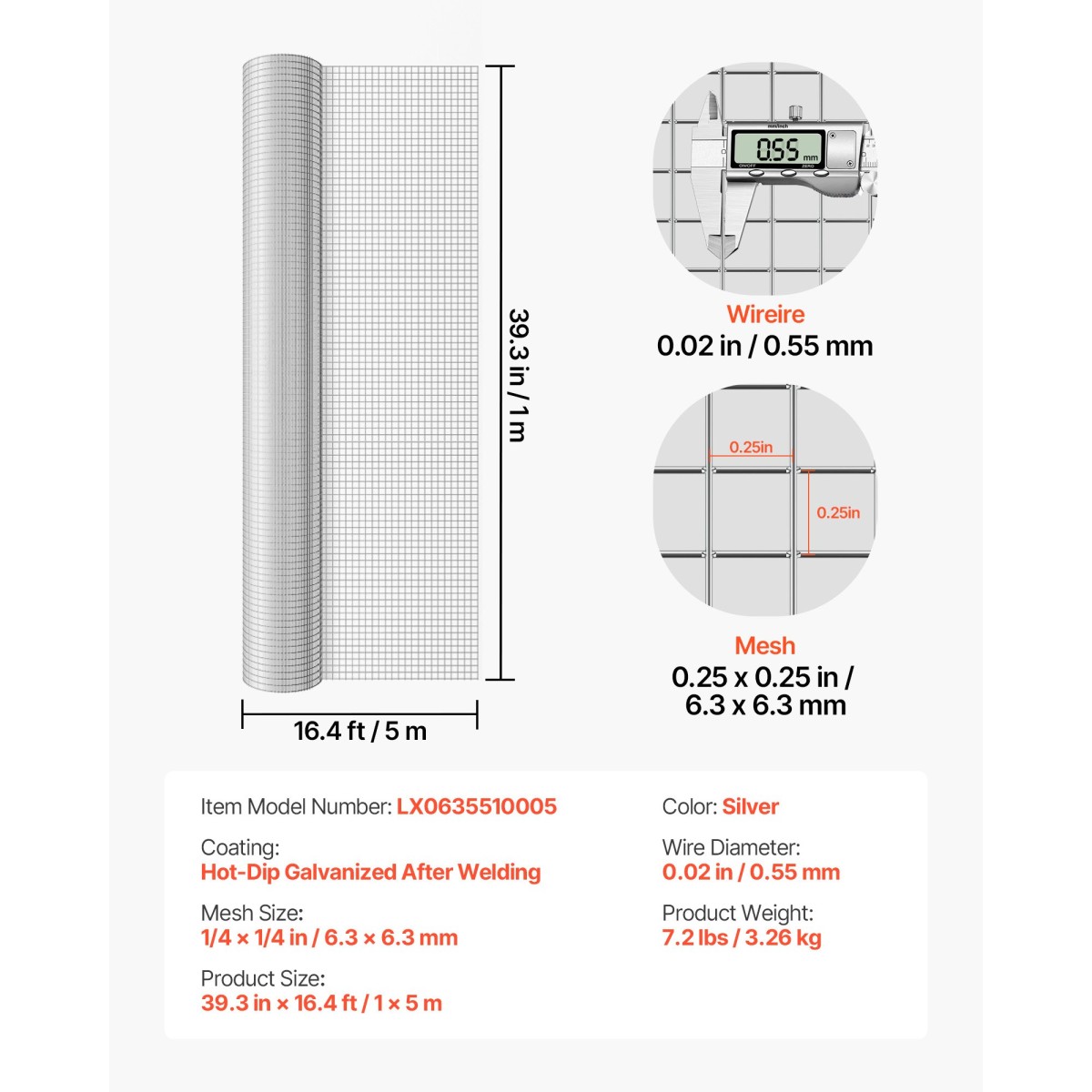 Ύφασμα VEVOR Hardware, 6,3 mm 1 x 5 m, συρμάτινο φράχτη κοτόπουλου διαμέτρου 0,55 mm, γαλβανισμένο εν θερμώ μετά από συγκόλληση ρολό μεταλλικό συρμάτινο πλέγμα, συγκολλημένο ρολό περίφραξης φυτών κήπου, φράχτη κλουβιού με δίχτυ πουλερικών