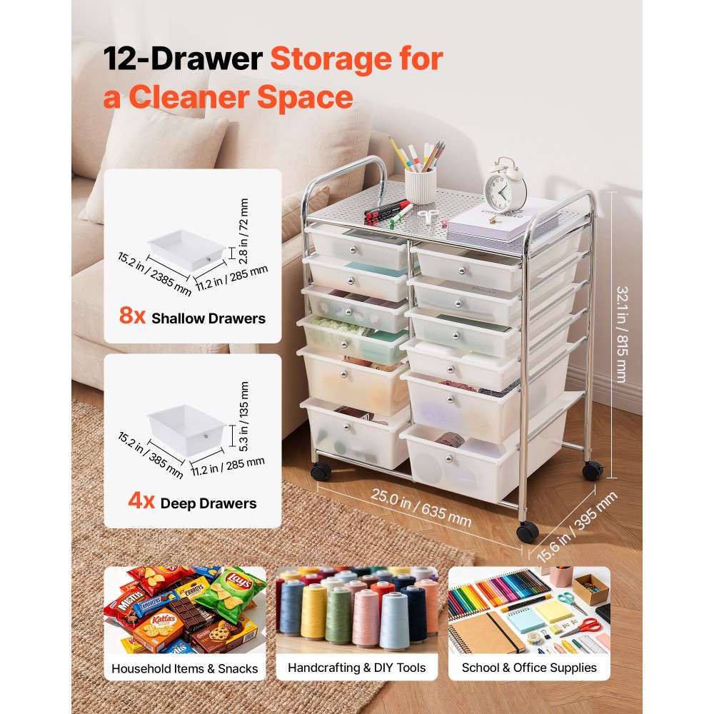 VEVOR Rolling Cart with συρτάρια, Double Row 12 Drawer Storage Organizer, Mobile Utility Cart with Chrome Steel Frame, Universal Casters & 2 Brakes, for Office, Classroom, Craft Room, Studio, Garage