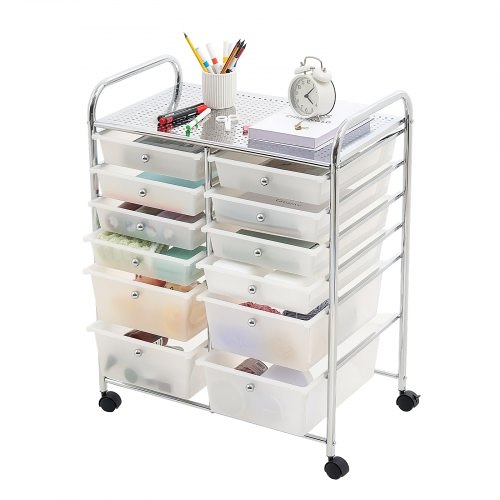 VEVOR Rolling Cart with συρτάρια, Double Row 12 Drawer Storage Organizer, Mobile Utility Cart with Chrome Steel Frame, Universal Casters & 2 Brakes, for Office, Classroom, Craft Room, Studio, Garage