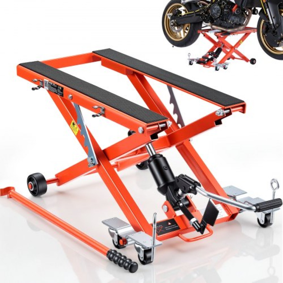 VEVOR Hydraulic Lift Jack, χωρητικότητα 499 kg, Scissor Lift Jack Φορητή βάση ανύψωσης μοτοσικλέτας με 6 τροχούς, εύρος ύψους 120-385 mm, υδραυλική βάση ανύψωσης με πόδι για ποδήλατα βρωμιάς