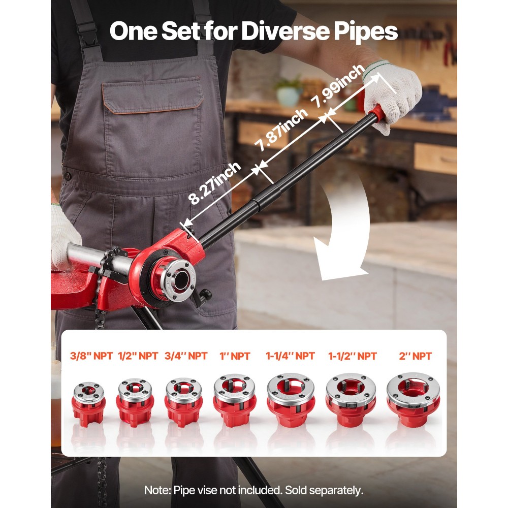 VEVOR Ratchet Pipe Threader Kit with 7 Dies, 3/8" NPT to 2" NPT Manual Ratcheting Pipe Threading Tool, Portable Pipes Threader set with Toolbox for Plumbing Installation & Repair