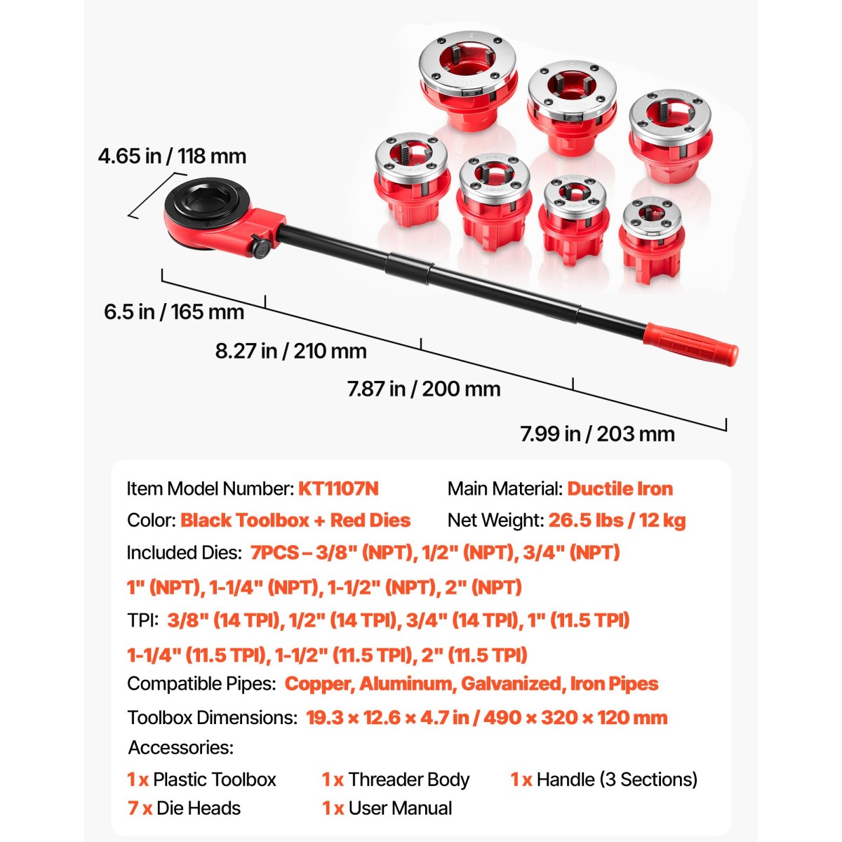 VEVOR Ratchet Pipe Threader Kit with 7 Dies, 3/8" NPT to 2" NPT Manual Ratcheting Pipe Threading Tool, Portable Pipes Threader set with Toolbox for Plumbing Installation & Repair