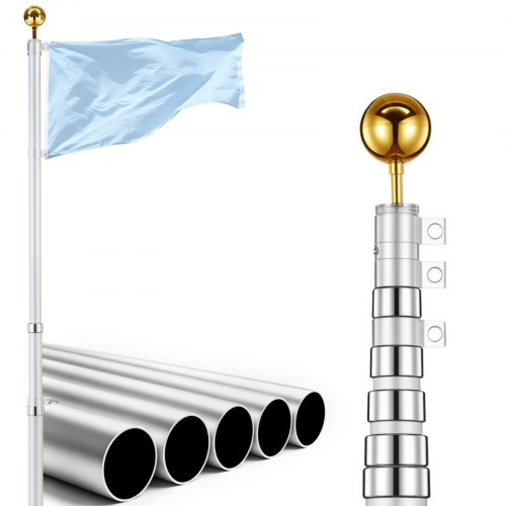 VEVOR Flag κοντάρι, 9,14 m Κιτ τηλεσκοπικού κοντάρι σημαίας βαρέως τύπου για εξωτερικό σπίτι στο έδαφος, εξαιρετικά παχύ κιτ κοντάρι σημαίας αλουμινίου εξωτερικού χώρου με μανίκι εδάφους PVC για αυλή, οικιακή ή εμπορική χρήση, ασημί