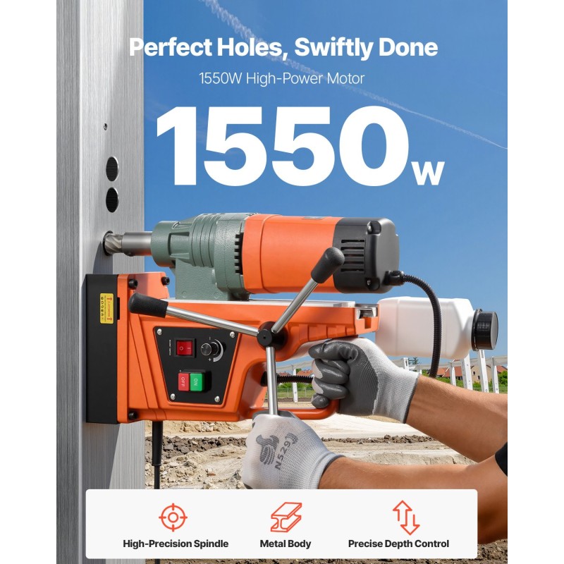 VEVOR Magnetic Drill, 1550W κινητήρας 50 mm Διάμετρος πυρήνα, 13000 N Magnetic Force, 0-550 RPM Μεταβλητή ταχύτητα, Φορητό ηλεκτρικό τρυπάνι Magnetic Magnetic Machine Drilling for Metal Surface, Home Improvement