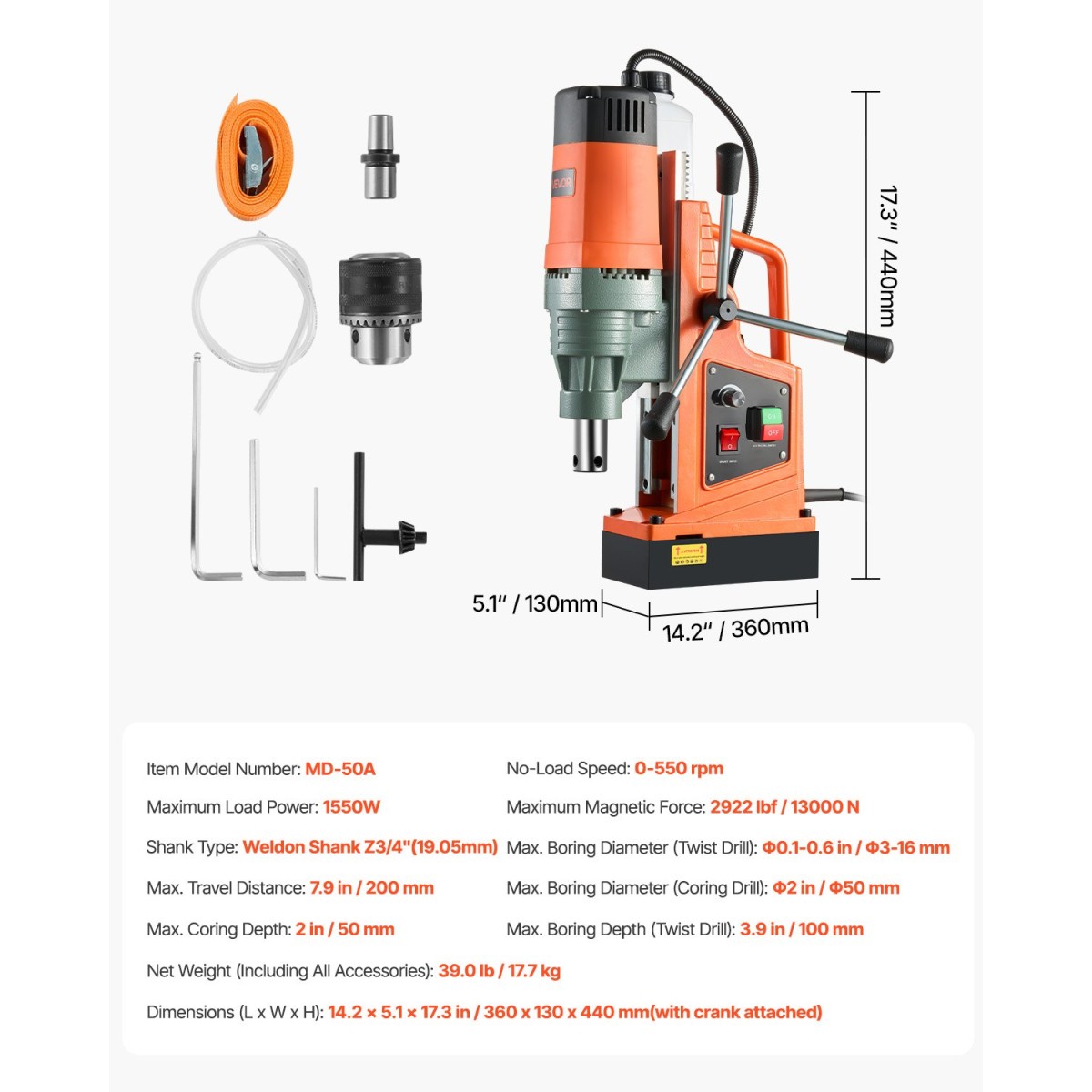 VEVOR Magnetic Drill, 1550W κινητήρας 50 mm Διάμετρος πυρήνα, 13000 N Magnetic Force, 0-550 RPM Μεταβλητή ταχύτητα, Φορητό ηλεκτρικό τρυπάνι Magnetic Magnetic Machine Drilling for Metal Surface, Home Improvement