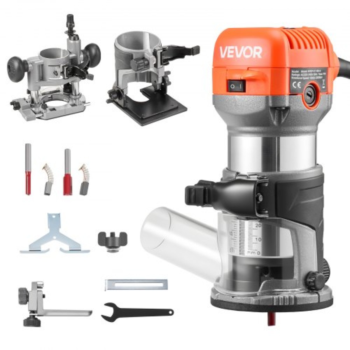 VEVOR Wood Router, 1 HP 710W, Variable Speed ​​Palm Router Tool with Soft Start, Compact Edge Wood Trimmer with Fixed, Plunge & Tilt Base, Parallel Guide, for Woodworking, Trimming, DIY Projects, Corded