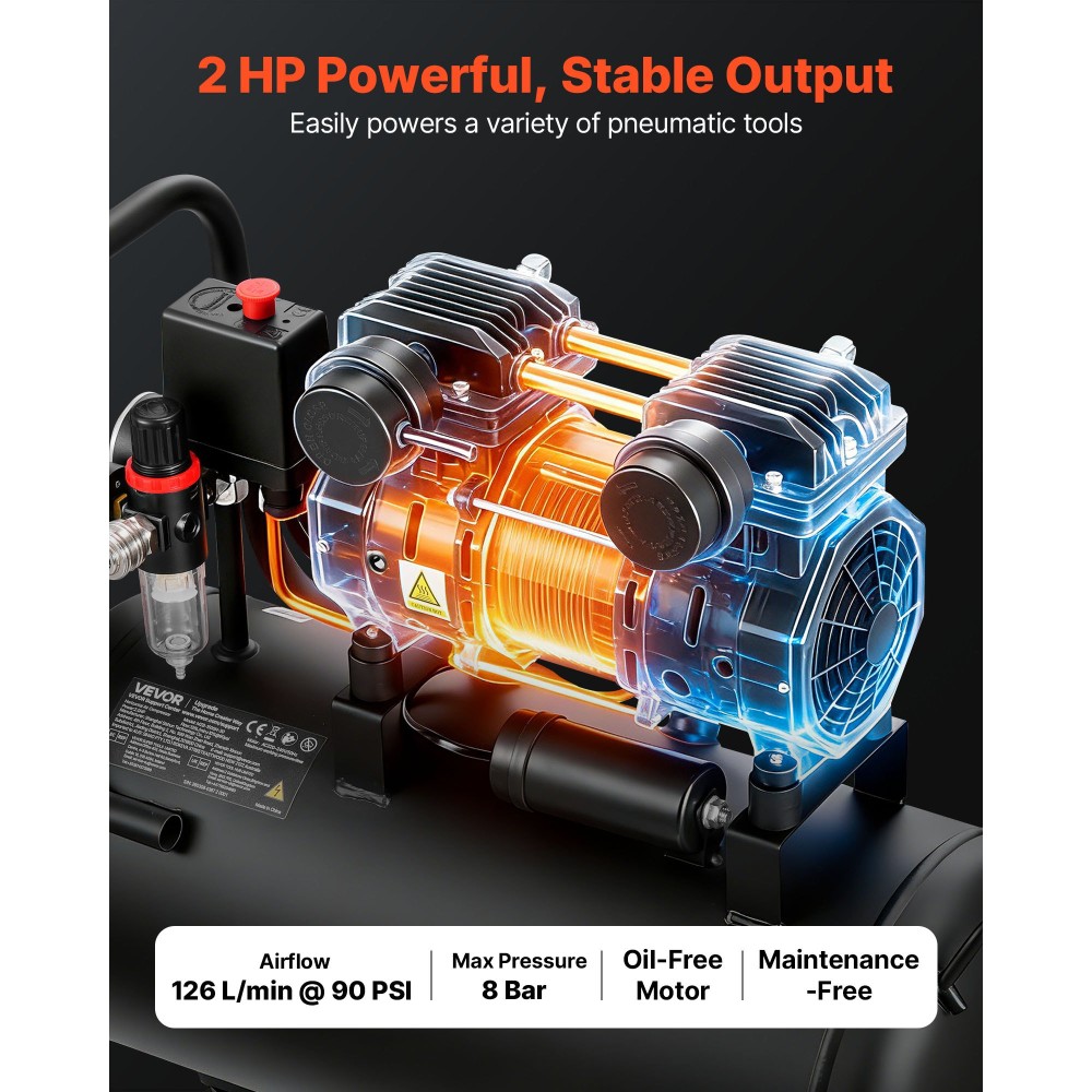 VEVOR 30L Air Compressor, 1,5KW Oil-free Tank Air Compressor, 126 L/min at 6,2 Bar, Max 8 Bar Pressure, Φορητό στους τροχούς για επισκευή αυτοκινήτων, Φούσκωμα ελαστικών, Βαφή με σπρέι, Καρφώματα ξυλουργικής
