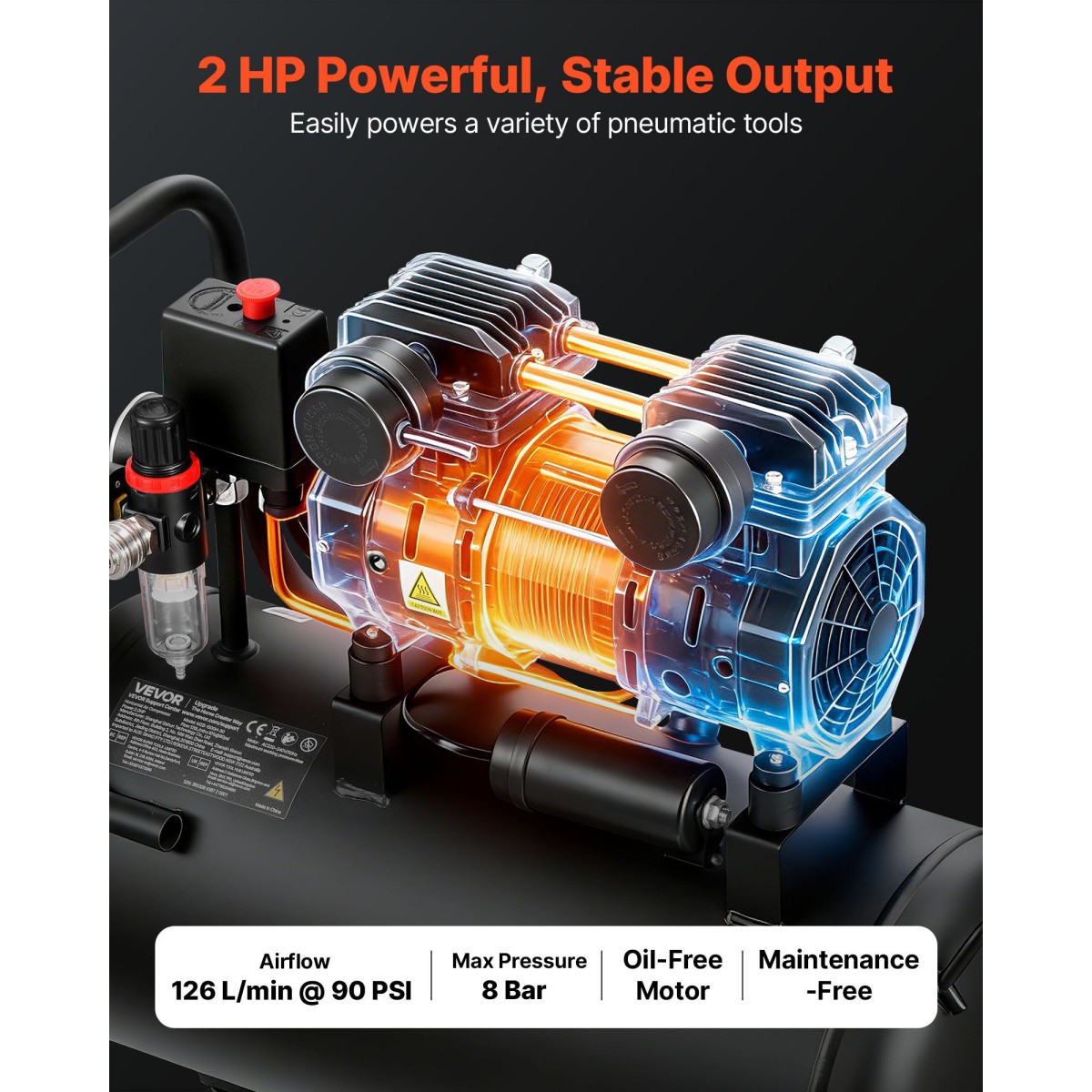 VEVOR 30L Air Compressor, 1,5KW Oil-free Tank Air Compressor, 126 L/min at 6,2 Bar, Max 8 Bar Pressure, Φορητό στους τροχούς για επισκευή αυτοκινήτων, Φούσκωμα ελαστικών, Βαφή με σπρέι, Καρφώματα ξυλουργικής